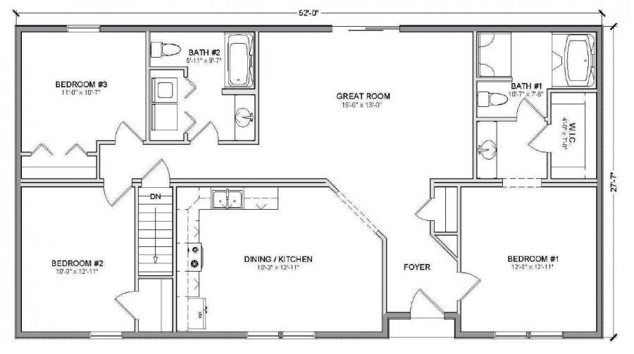 Oakdale 1430 Square Foot Ranch Floor Plan